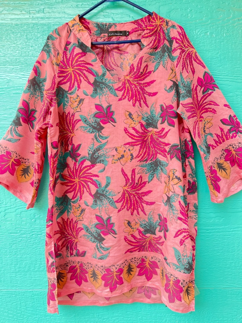 Cut Loose Silk Tunic Top M Pink Tropical Floral V-Neck High-Low Boho Luxe